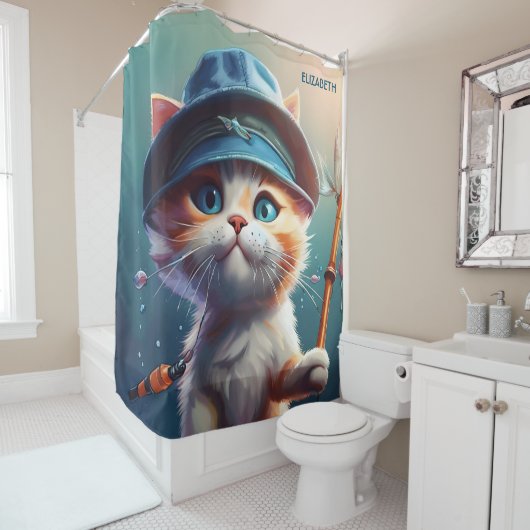 ファンタジーかわいい猫魚釣り棒 シャワーカーテン (インサイチュ)
