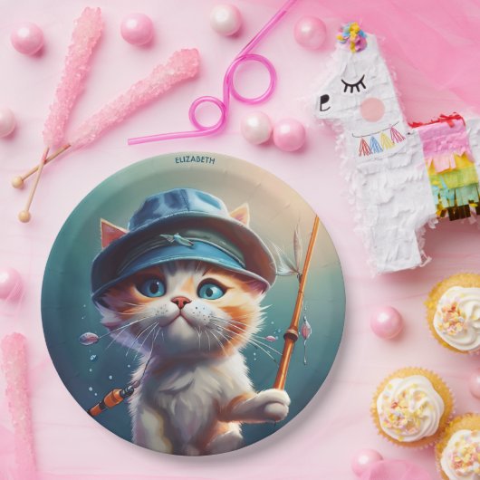 ファンタジーかわいい猫魚釣り棒 ペーパープレート (パーティー)