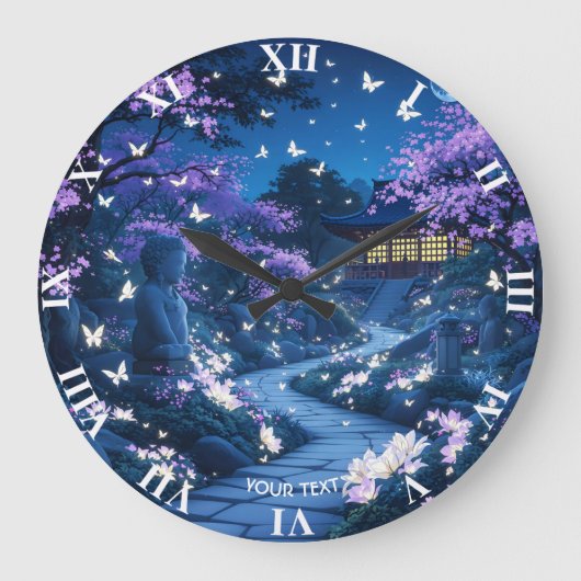 ファンタジーかわいい紫色の庭の花 ラージ壁時計 (正面)