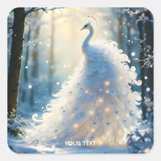 ファンタジーかわいい雪の白い孔雀 スクエアシール (正面)