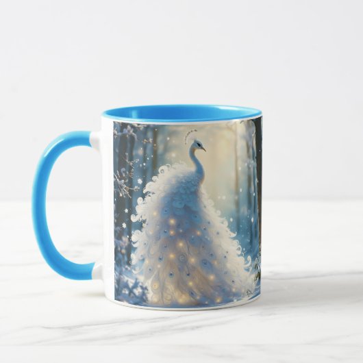 ファンタジーかわいい雪の白い孔雀 マグカップ (左)