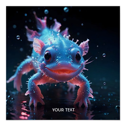 ファンタジーかわいい青の笑顔のアクソロトル ポスター (正面)