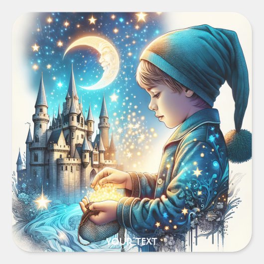 ファンタジーかわいい青パジャマの子 スクエアシール (正面)