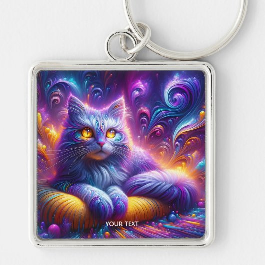 ファンタジーかわいい青紫色の猫 キーホルダー (正面)