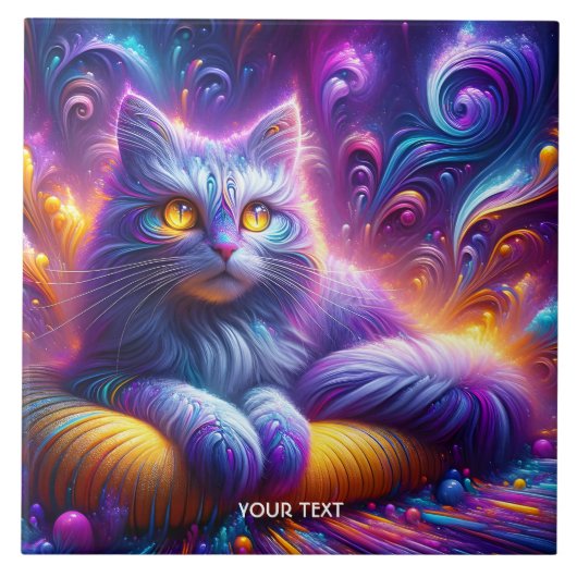 ファンタジーかわいい青紫色の猫 タイル (正面)