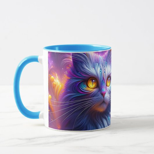 ファンタジーかわいい青紫色の猫 マグカップ (左)