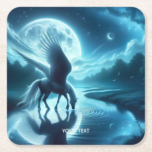 ファンタジーかわいい馬の翼ムーン スクエアペーパーコースター (正面)