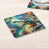 ファンタジーかわいい魔法のワニのジャングル スクエアペーパーコースター (アングル)