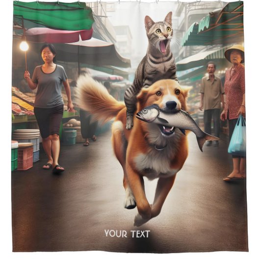 ファンタジーかわいい魚の犬猫 シャワーカーテン (正面)
