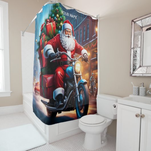 ファンタジーかわいい鮮やかなサンタドライビングバイク シャワーカーテン (インサイチュ)