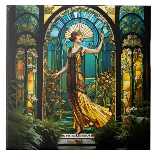 ファンタジーかわいい鮮やかなステンドグラスの女性 タイル (正面)