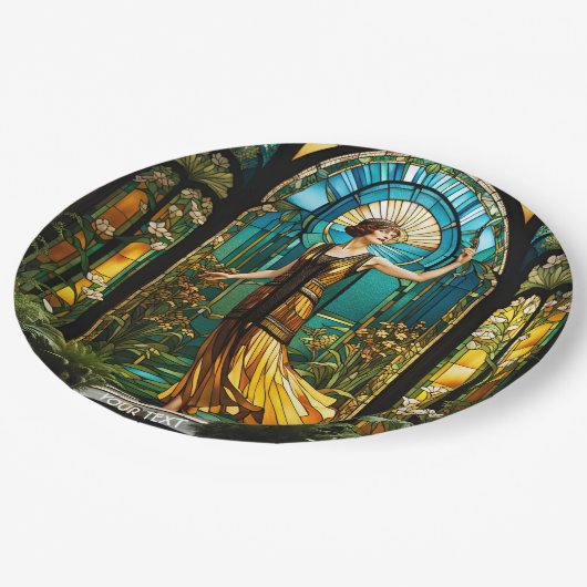 ファンタジーかわいい鮮やかなステンドグラスの女性 ペーパープレート (アングル)