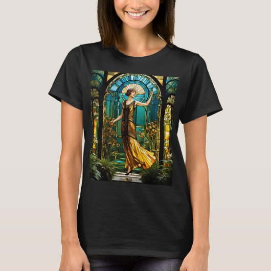 ファンタジーかわいい鮮やかなステンドグラスの女性 Tシャツ (正面)