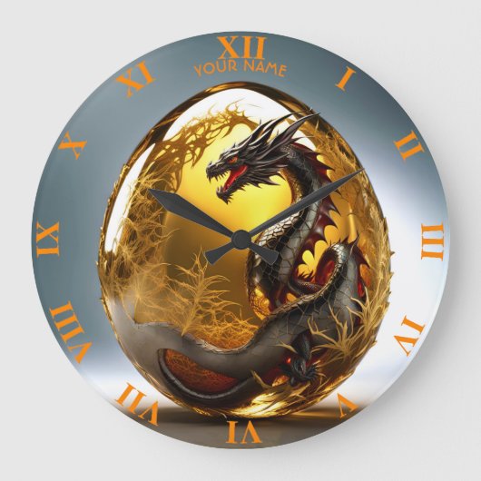 ファンタジーかわいい鮮やかなドラゴンガラスの卵 ラージ壁時計 (正面)