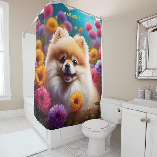 ファンタジーかわいい鮮やかなポメラニア犬ベビー花 シャワーカーテン (インサイチュ)