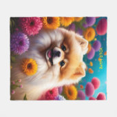 ファンタジーかわいい鮮やかなポメラニア犬ベビー花 フリースブランケット (正面(横))