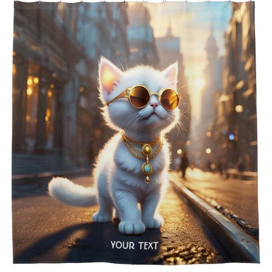 ファンタジーかわいい鮮やかな子猫ホワイトサングラス シャワーカーテン (正面)