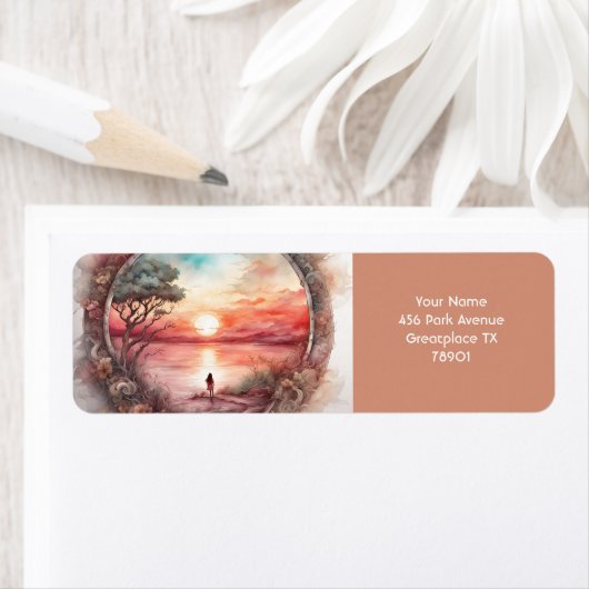 ファンタジーかわいい鮮やかな日没の水彩少女 ラベル (インサイチュ)
