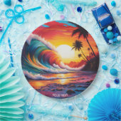 ファンタジーかわいい鮮やかな波ビーチ夕日 ペーパープレート (パーティー)