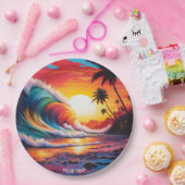 ファンタジーかわいい鮮やかな波ビーチ夕日 ペーパープレート (パーティー)