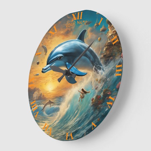 ファンタジーかわいい鮮やかな花とイルカ ラージ壁時計 (傾斜)