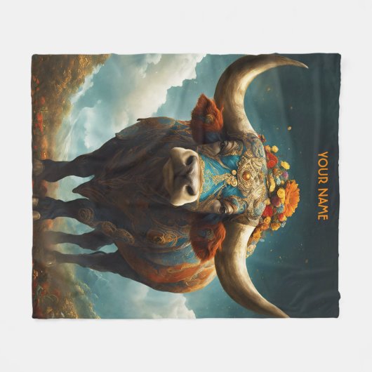 ファンタジーかわいい鮮やかな花威厳のある牛 フリースブランケット (正面(横))