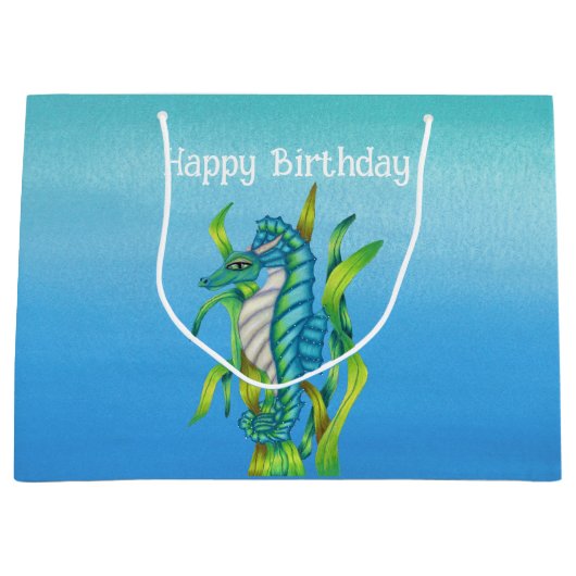 ファンタジーかわいらしアクアブルーシーホース誕生日 ラージペーパーバッグ (正面)