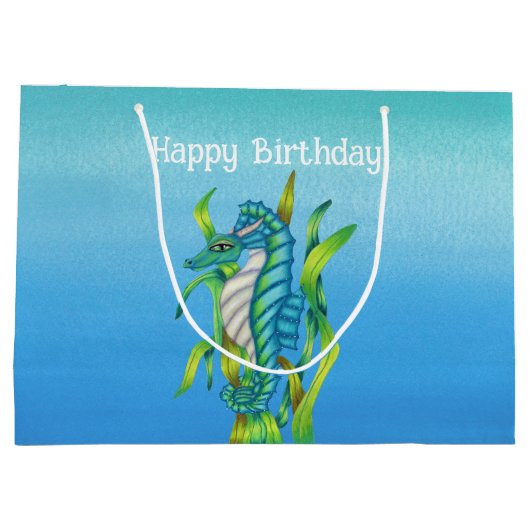 ファンタジーかわいらしアクアブルーシーホース誕生日 ラージペーパーバッグ (裏面)