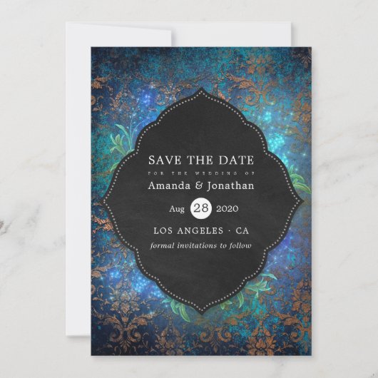 ファンタジーきらめくヴィンテージダマスク結婚式の写真 セーブザデート (正面)