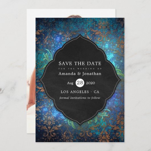 ファンタジーきらめくヴィンテージダマスク結婚式の写真 セーブザデート (正面/裏面)