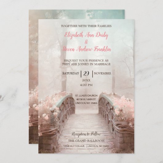 ファンタジーとピンクの花を咲かせる森の橋 招待状 (正面/裏面)