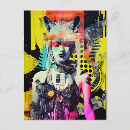 ファンタジーと動物のコラージュカラフル ポストカード (正面)