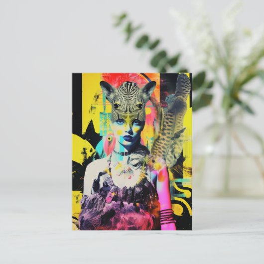 ファンタジーと動物のコラージュカラフル ポストカード (スタンド正面)