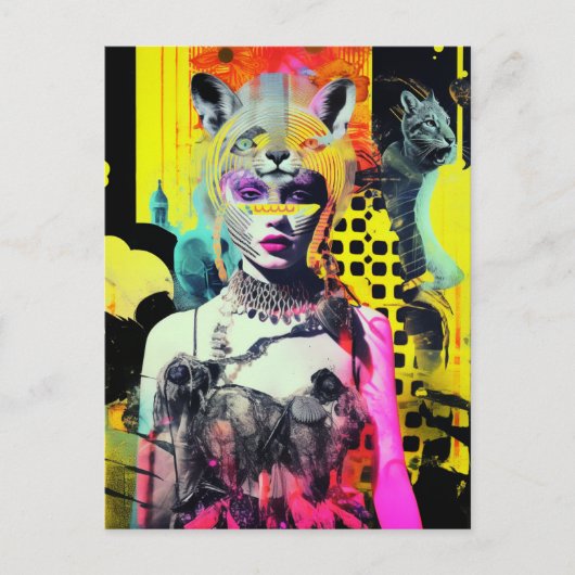 ファンタジーと動物のコラージュカラフル ポストカード (正面)