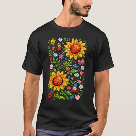 ファンタジーなひまわりの庭のフォークアート Tシャツ (正面)