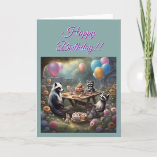 ファンタジーなアライグマの庭の誕生日パーティー カード (正面)