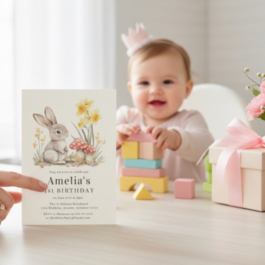ファンタジーなキノコの庭のうさぎの1歳の誕生日  招待状