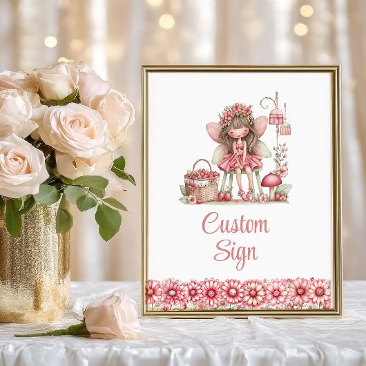 ファンタジーなキュートな妖精のピンクの花の1歳の誕生日 ポスター
