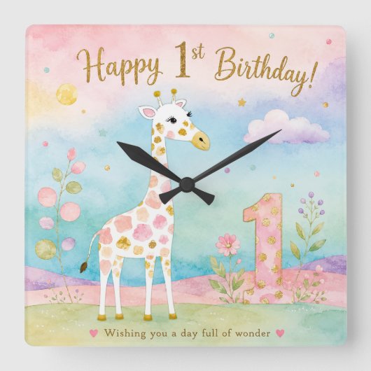 ファンタジーなキリンの1歳の誕生日お祝い スクエア壁時計 (正面)