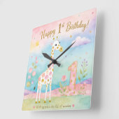 ファンタジーなキリンの1歳の誕生日お祝い スクエア壁時計 (傾斜)