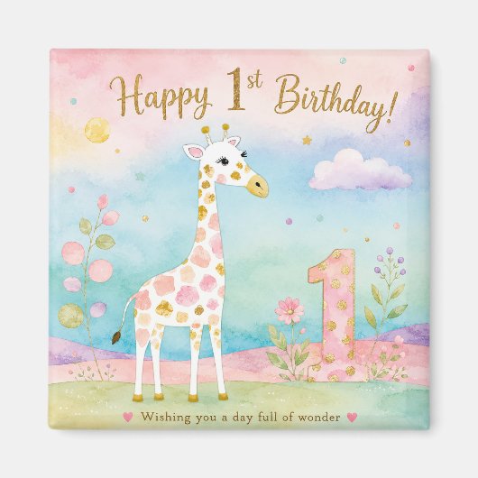 ファンタジーなキリンの1歳の誕生日お祝い マグネット (正面)