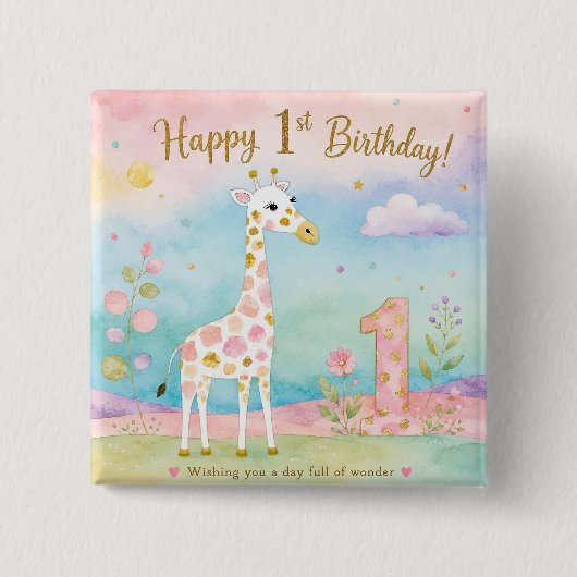 ファンタジーなキリンの1歳の誕生日お祝い 缶バッジ (正面)