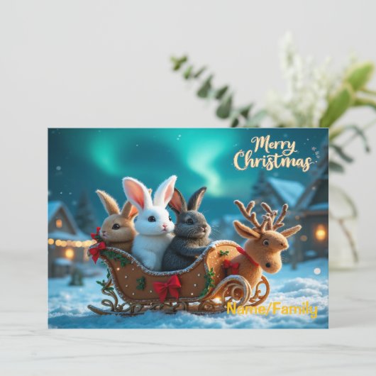 ファンタジーなクリスマスのウサギのソリ遊び シーズンカード (スタンド正面)
