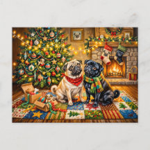 ファンタジーなクリスマスコテージモップスの犬のイラスト