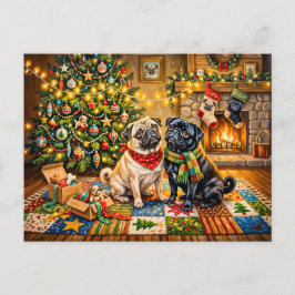 ファンタジーなクリスマスコテージモップスの犬のイラスト ポストカード