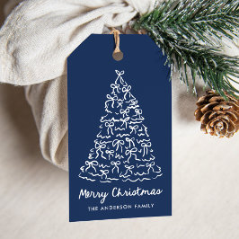 ファンタジーなクリスマスツリーのリボン ネイビーホリデー ギフトタグ