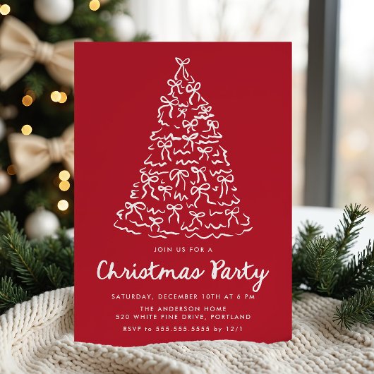 ファンタジーなクリスマスツリーのリボン 赤いクリスマスパーティー 招待状