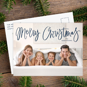 ファンタジーなネイビーの手書き風スクリプト メリークリスマス 2枚の写真入り シーズンポストカード