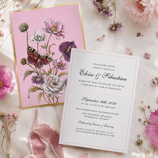 ファンタジーなピンクの植物画と蝶のモチーフの結婚式 箔招待状