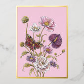 ファンタジーなピンクの植物画と蝶のモチーフの結婚式 箔招待状 (正面)
